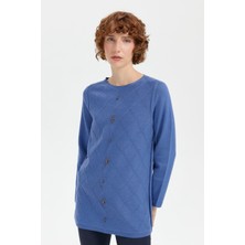 Desen Triko Kadın Sıfır Yaka Dikişsiz Önü Baklavalı Kazak Indigo