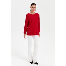 Desen Triko Kadın Sıfır Yaka Dikişsiz Kazak K.kırmızı