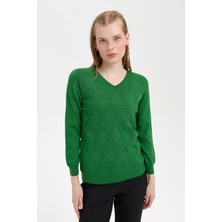 Desen Triko Kadın V Yaka Dikişsiz Önü Desenli Kazak K.yosun