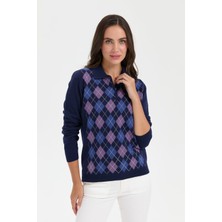Desen Triko Kadın Polo Yaka Önü Baklavalı Yün Kazak Y.a.lacivert