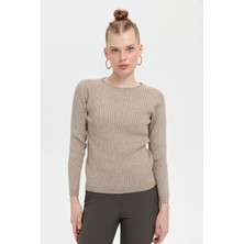 Desen Triko Kadın Sıfır Yaka Dikişsiz Önü Desenli Kazak Vizon