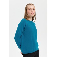 Desen Triko Kadın Sıfır Yaka Klasik Yün Kazak A.petrol