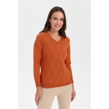 Desen Triko Kadın V Yaka Dikişsiz Önü Desenli Kazak Turuncu