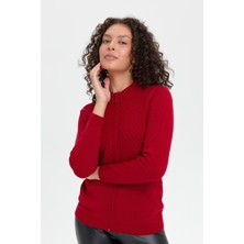 Desen Triko Kadın Dik Yaka Dikişsiz Önü Fermuarlı Yün Hırka K.kırmızı