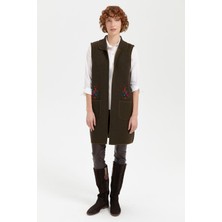 Desen Triko Kadın Polo Yaka Önü Açık Işlemeli Uzun Yün Yelek A.yeşil