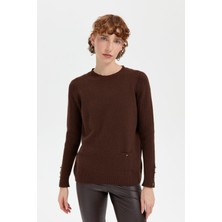 Desen Triko Kadın Sıfır Yaka Dikişsiz Cepli Yün Kazak M.kahve