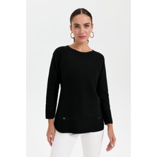 Desen Triko Kadın Sıfır Yaka Dikişsiz Kazak Siyah