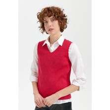 Desen Triko Kadın V Yaka Dikişsiz Süveter Kırmızı