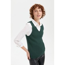 Desen Triko Kadın V Yaka Dikişsiz Süveter Yeşil