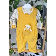 Adabebek Sarı Fitilli Ayıcık Aksesuarlı Salopet Takım Kolsuz Pamuklu Konforlu 0 - 3 Ay 1427