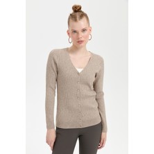 Desen Triko Kadın V Yaka Dikişsiz Hırka Vizon