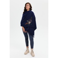 Desen Triko Kadın Papatya Işlemeli Püsküllü Yün Şal Y.a Lacivert