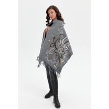 Desen Triko Kadın Karışık Büyük Çiçek Desenli Battal Boy Şal Füme