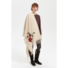 Desen Triko Kadın Örgü Çiçek Işlemeli Püsküllü Şal T.melanj