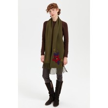 Desen Triko Kadın Örgü Çiçek Işlemeli Püsküllü Kaşkol Haki