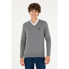 U.S. Polo Assn. Erkek Slim Fit V Yaka Gri Melanj Basic Kazak 50293512-VR086
