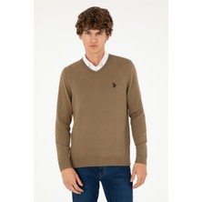 U.S. Polo Assn. Erkek Slim Fit V Yaka Haki Basic Kazak 50293512-VR027