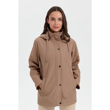 Kadın Kapüşonlu Yan Cepli Kısa Trençkot Vizon