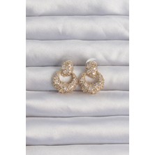 Shopzum Pirinç Gold Renk Zirkon Taşlı Oval Form Küpe