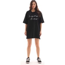 Ceylin Moda  Unisex Bisiklet Yaka Baskılı Oversize T-Shirt - Siyah