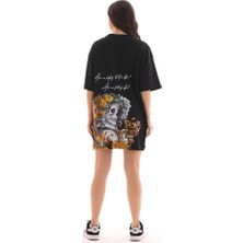 Ceylin Moda  Unisex Bisiklet Yaka Baskılı Oversize T-Shirt - Siyah