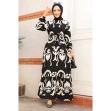 Neva Style Desenli Siyah Tesettür Elbise 23433S