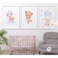 Nn Decor Oyuncak Ayı Ve Gökyüzü Temalı 3'Lü Set - Mavi,  Ahşap Çerçeveli, Bebek Ve Çocuk Odası Tablo Seti