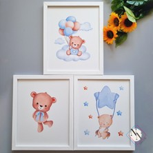 Nn Decor Oyuncak Ayı Ve Gökyüzü Temalı 3'Lü Set - Mavi,  Ahşap Çerçeveli, Bebek Ve Çocuk Odası Tablo Seti