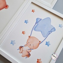 Nn Decor Oyuncak Ayı Ve Gökyüzü Temalı 3'Lü Set - Mavi,  Ahşap Çerçeveli, Bebek Ve Çocuk Odası Tablo Seti