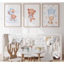 Nn Decor Oyuncak Ayı Ve Gökyüzü Temalı 3'Lü Set - Mavi,  Ahşap Çerçeveli, Bebek Ve Çocuk Odası Tablo Seti