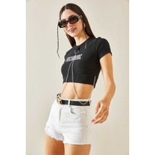 Ester Rosa Rockmore Bisiklet Yaka Zincirli Crop Top-Siyah