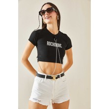 Ester Rosa Rockmore Bisiklet Yaka Zincirli Crop Top-Siyah