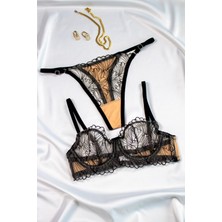 Like Swan Siyah Çiçek Desenli Balenli Dantelli Transparan Bralet Iç Çamaşırı Takımı