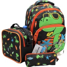 Zennur Dinozor Desenli Siyah Renk Master Pack Beslenmelik ve Kalemlikli Erkek Ilk Okul Sırt Çantası
