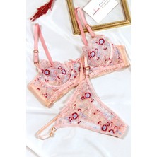 Like Swan Açık Pembe Balenli Dantelli Transparan Bralet Iç Çamaşırı Takımı