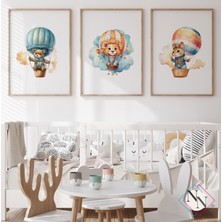 Nn Decor Balon Temalı 3'lü Set - Aslan, Ayı, Sincap - Doğal Ahşap Çerçeveli, Bebek & Çocuk Odası Tablo Seti