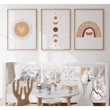 Nn Decor Boho Temalı 3'lü Set - Ay, Güneş ve Gökkuşağı -Doğal Ahşap Çerçeveli, Bebek ve Çocuk Odası Tablo Seti