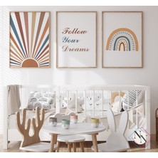 Nn Decor Boho Temalı 3'lü Set - Güneş ve Gökkuşağı - Doğal Ahşap Çerçeveli, Bebek ve Çocuk Odası Tablo Seti