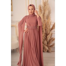 Moda Martı Yıldızabiye Omuzdan Pelerinli Şifon Tesettür Abiye (K16184)