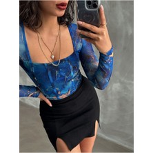 MST Clothing Sırt Tül Detaylı Kare Yaka Uzun Kol Balenli Crop Bluz