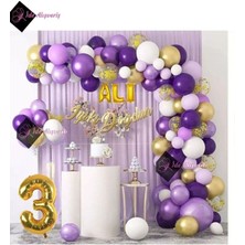 Mg Store 3 Harf Isimli 3 Yaş Macaron Mor Balon Zinciri Seti Gölge Mor Altın Balon Dekorasyon