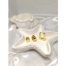 Rosa Juliet Jewelry Kadın Gold Renk 316L Çelik Kararma Yapmayan Çok Şekilli 3'lü Küpe Set