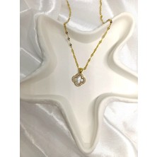 Rosa Juliet Jewelry Kadın Gold Renk  316L Çelik Kararma Yapmayan  Sedef Taşlı Beyaz Yonca  45 cm Zincir Kolye