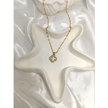 Rosa Juliet Jewelry Kadın Gold Renk  316L Çelik Kararma Yapmayan  Sedef Taşlı Beyaz Yonca  45 cm Zincir Kolye