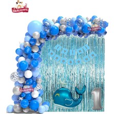 Store Mavi Balina 1 Yaş Folyo Balonlu Mavi Gümüş Beyaz Doğum Günü Parti Seti