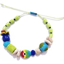 Funny Takı Çok Renkli Murano Cam Balık Bodrum Cam Nazar ve Toprak Boncuklu Fıstık Yeşili Bileklik