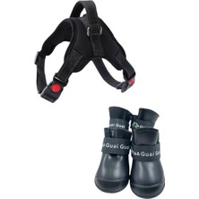 ANS Köpek Göğüs Tasması Xl Beden+Slikon Su Geçirmez Kedi Köpek Yürüyüş Ayakkabısı L Beden (Siyah Takım)