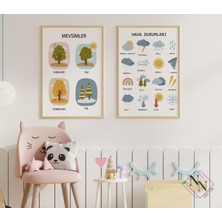 Nn Decor Mevsimler, Hava Durumları Eğitici 2'Li Set -  Ahşap Çerçeveli, Bebek Ve Çocuk Odası Tablo Seti
