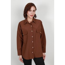 Kadın Çift Cepli Salaş Gömlek Kahverengi - 34131-1