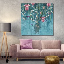 Gaagart Tekli Kare Kanvas Tablo Mavi Fonda Pembe Çiçekler ve Kuşlar